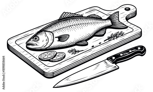 Hand drawn line art illustration of a raw fish, lemon and a knife on a cutting board depicting food preparation for cooking and restaurant menus