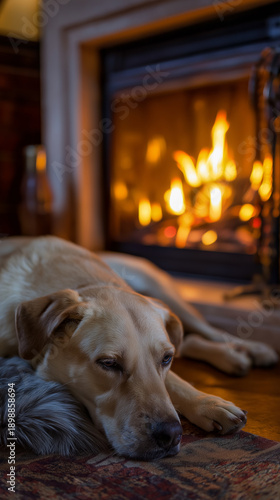 Wallpaper Mural Brown dog lying on wooden floor in front of a cozy fireplace
 Torontodigital.ca