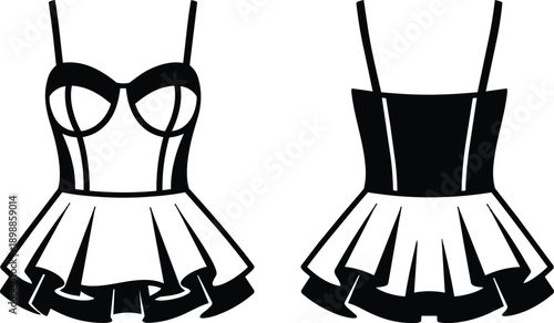 Flat design front and back corset dress vector showing fitted bodice and flared pleated skirt with spaghetti straps close up fashion icon in bold black silhouette