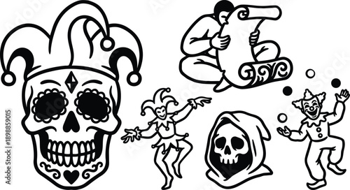 Tattoo flash close up jester skull with harlequin hat and floral eye sockets and smiling teeth plus dancing jester hooded reaper clown juggling scroll prop illustration