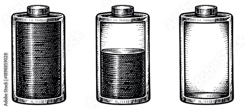 Hand drawn line art battery set featuring full, half, and empty charge status for power indication