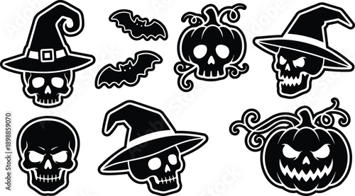 Flat vector halloween sticker sheet with skulls carved pumpkin witch hat and bats close up bold black silhouette halloween icons for spooky party decor printable cutout label set