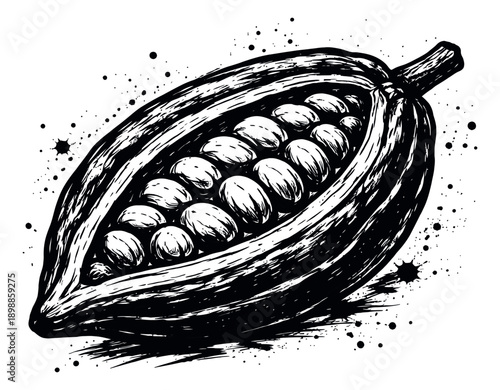 Hand drawn line art illustration of a cacao pod depicting its beans for food and beverage designs