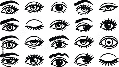 Line art eye icon set with twenty stylized eye shapes in flat vector style arranged in a four by five grid showing open closed winking expressions