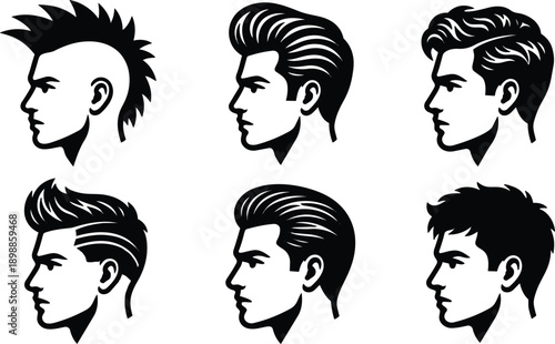 Flat design male haircut profile set six side view icons with diverse retro and modern styles mohawk pompadour undercut crew cut slick back textured short hair