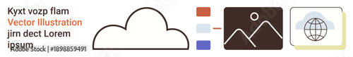 Cloud storage, digital media, networking, technology, internet communication, content sharing. Minimalist icons including a cloud, image and globe. Cloud storage and digital media theme