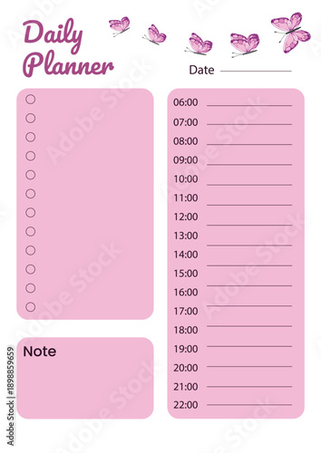 Daily Planner Template with Purple Butterflies and Hourly Schedule․Beautiful daily planner template decorated with soft purple watercolor butterflies.