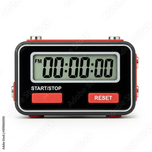 A red and black digital stopwatch with a display screen and buttons on a white background