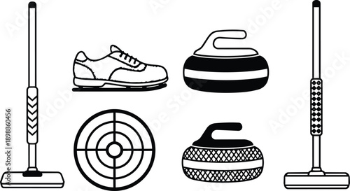 Minimalist line art curling equipment set with broom stone shoe target house close up top view monochrome vector black white outline simple scalable editable stroke weight