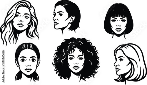 Line art vector portraits six female heads showing front profile and three quarter views with diverse hairstyles natural expressions bold black and white strokes minimal shading