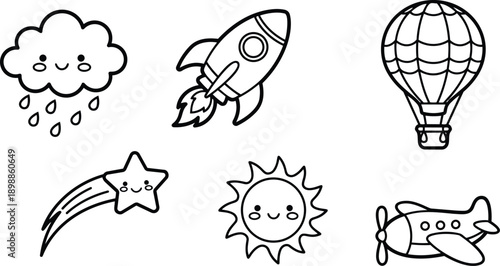 Line art kawaii vector icon set showing smiling sun rain cloud rocket plane hot air balloon shooting star playful close up flat outline style child friendly