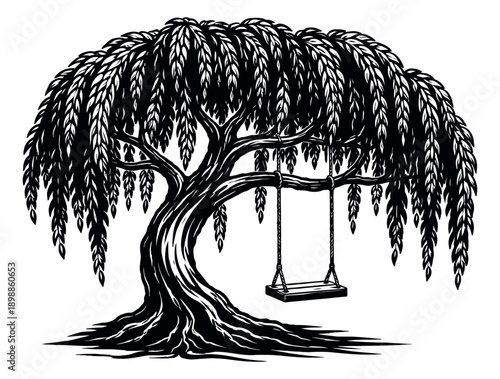 Hand drawn illustration of a weeping willow tree depicting a swing for nature themes