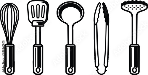 Minimalist line art kitchen utensil set with whisk spatula ladle tongs masher arranged in a neat row on white background flat vector black outline top view