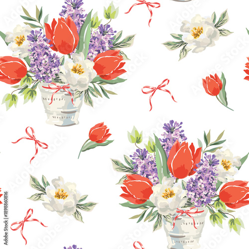 Red tulips, lilac flowers, peonies in the pots, bows, white background. Vector floral illustration. Seamless pattern. Spring garden nature. Botanical design