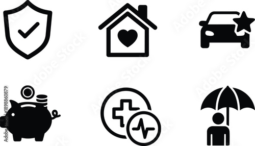 Flat design insurance icons shield check home with heart car protection piggy bank savings health monitor umbrella person isolated black vector symbols simple minimal solid glyph