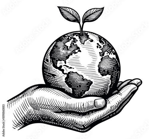 Hand drawn illustration of a hand holding the earth depicting environmental care for sustainability concepts