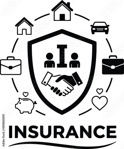 Flat design insurance shield with handshake and person icons surrounded by home car briefcase piggy bank and heart symbols simple black vector centered minimal logo style