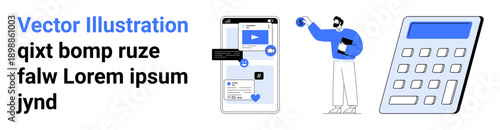 Digital tools, mobile apps, user engagement, technology, online interaction, and finance. A smartphone interface, a person interacting and a calculator. Digital tools and mobile apps concept