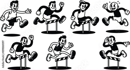Retro cartoon 90s style sequential hurdling athlete characters in vintage black and white vector sheet showing various dynamic poses with smiling expressions and playful motion lines