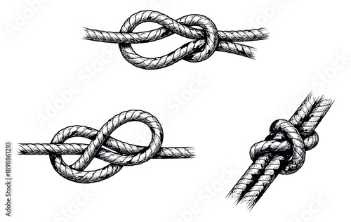 Hand drawn line art rope knot set featuring various strong knots for marine and outdoor activities