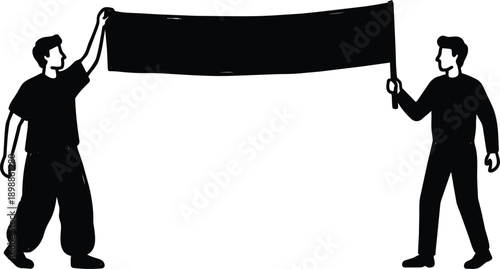 Flat design vector wide protest banner held by two standing people facing each other in silhouette low angle view blank space for message bold high contrast