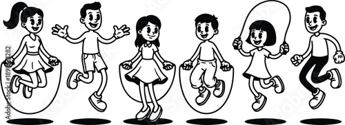 Retro line art vector children and adults skipping rope in a playful row jumping with shadows side view smiling faces dynamic motion family playground joyful
