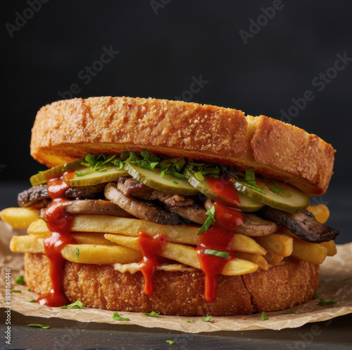 Gourmet steak sandwich with french fries and ketchup on toasted bread