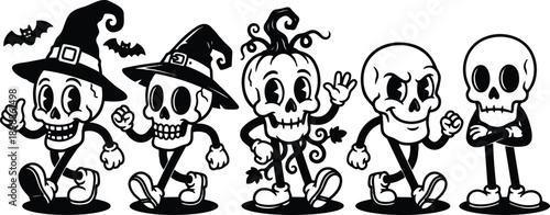 Retro rubber hose cartoon lineup of five walking skull characters wearing witch hats and pumpkin head waving left to right smiling in black and white vector