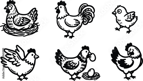 Line art vector set of six farm chicken icons showing hen rooster chick egg nest various poses side view playful rustic illustration detailed black outline hand drawn
