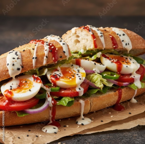 Fresh sub sandwich with boiled eggs vegetables and sauce on parchment