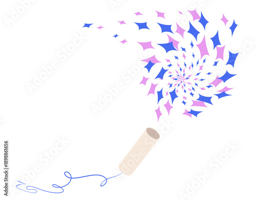 Party popper explodes with festive fireworks. Colorful papers fly out of white package. Isolated flat vector element. Cheerful confetti swirl for weddings and birthdays. Blue, pink, light blue, purple