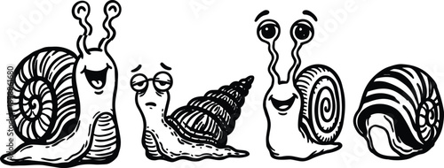 Line art whimsical cartoon snails close up three smiling snails and one empty shell side view expressive eyes spiral shells playful ink drawing black white illustration