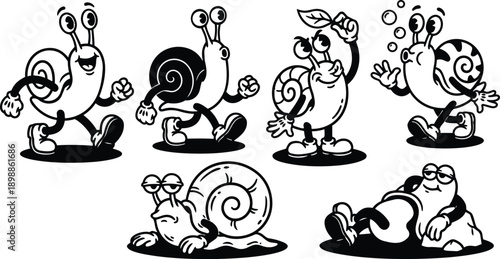Retro cartoon 90s up set of six happy snail characters walking waving holding leaf blowing bubbles and relaxing on ground playful black and white line art