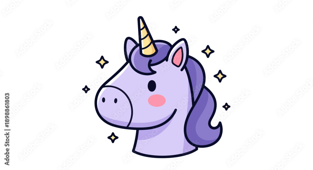 Fototapeta premium Cartoon unicorn head with sparkling stars