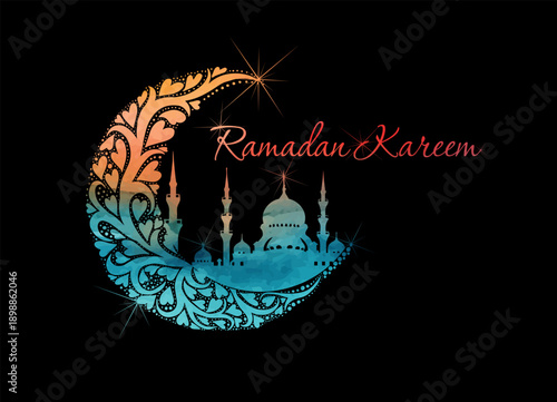 Ramadan colored symbol. moon and mosque. Hand drawn. Not AI, vector illustration.