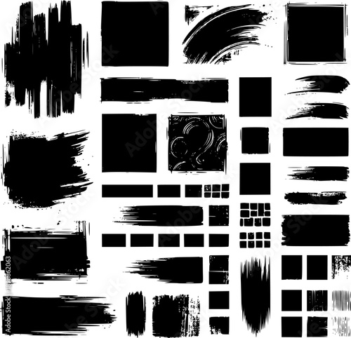 Paint brush strokes. Black vector rough edge rectangles. Grunge square frames set. Jagged edge torn paper background collection. Grungy distressed text boxes. Transparent background EPS version.