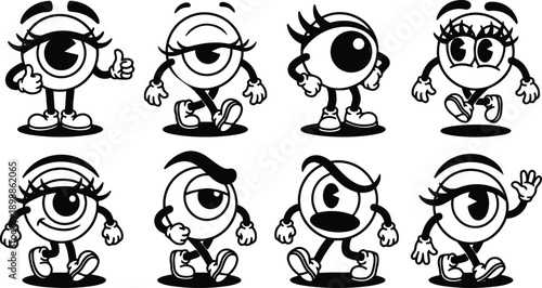 Vintage cartoon mascot vector set showing eight expressive eyeball characters in black and white winking walking waving giving thumbs up marching in playful cheerful bold poses