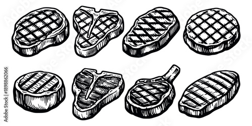 Hand drawn grilled steak set featuring assorted cuts for restaurant and barbecue design