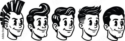 Retro cartoon vector heads five male hairstyles side view smiling looking forward barbershop haircuts pompadour mohawk slick back fade profile icons black white bold line art