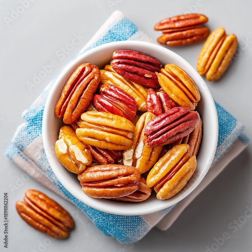 Caramelized Pecans in White Ceramic Bowl Top View created with Generative AI Technology, ai, generative 