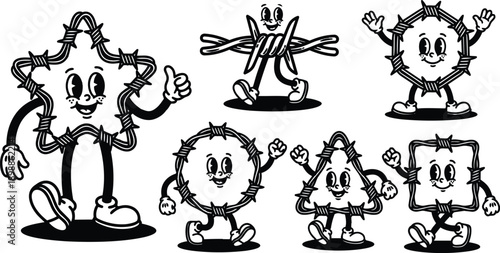 Retro cartoon barbed wire characters walking waving thumbs up star circle triangle square mascots smiling faces black line art vintage playful