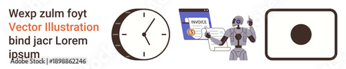 Automation, AI-driven operations, invoice management, time tracking, digital technology, future trends. Clock icon, robot with invoice screen and simplified visuals. Automation and AI-driven