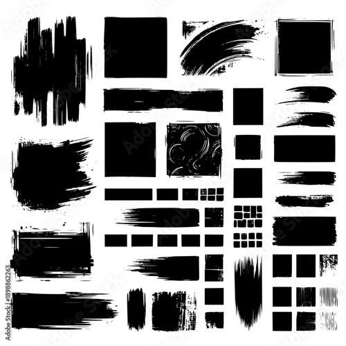 Paint brush strokes. Black vector rough edge rectangles. Grunge square frames set. Jagged edge torn paper background collection. Grungy distressed text boxes. Transparent background SVG version.