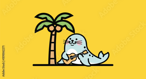 Cartoon seal plays guitar under palm tree
