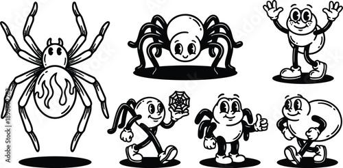 Rubber hose cartoon style lineup of smiling spider characters walking waving holding web playful vintage mascot stickers in black and white bold linework high contrast expressive