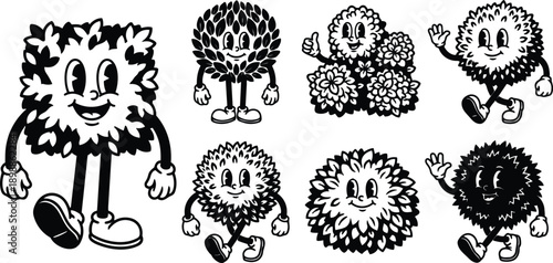 Retro cartoon nineties style front facing bushy plant mascot characters walking and waving on a sticker sheet close up black and white vector art playful illustration