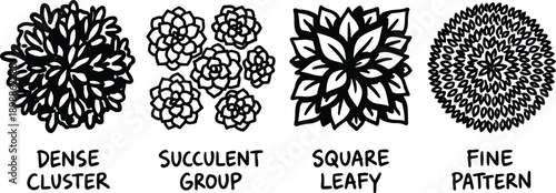 Hand drawn line art succulent rosette icons dense cluster succulent group square leafy rosette fine pattern mandala botanical vector set black silhouette bold stroke scalable editable