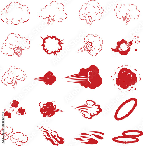 Collection of red explosion and smoke illustrations, dynamic effects, and abstract shapes, viewed from a straightforward angle