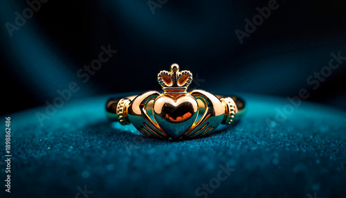A Claddagh gold ring with a heart and crown on a dark blue velvet background