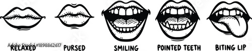 Tattoo flash style close up five mouth expressions lips relaxed pursed smiling pointed teeth biting lip hand drawn vector icons black ink comic sketch outline bold